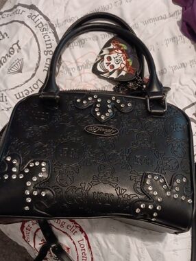 Brand New Ed Hardy Black Embossed Satchel with Studded Fleur Accents